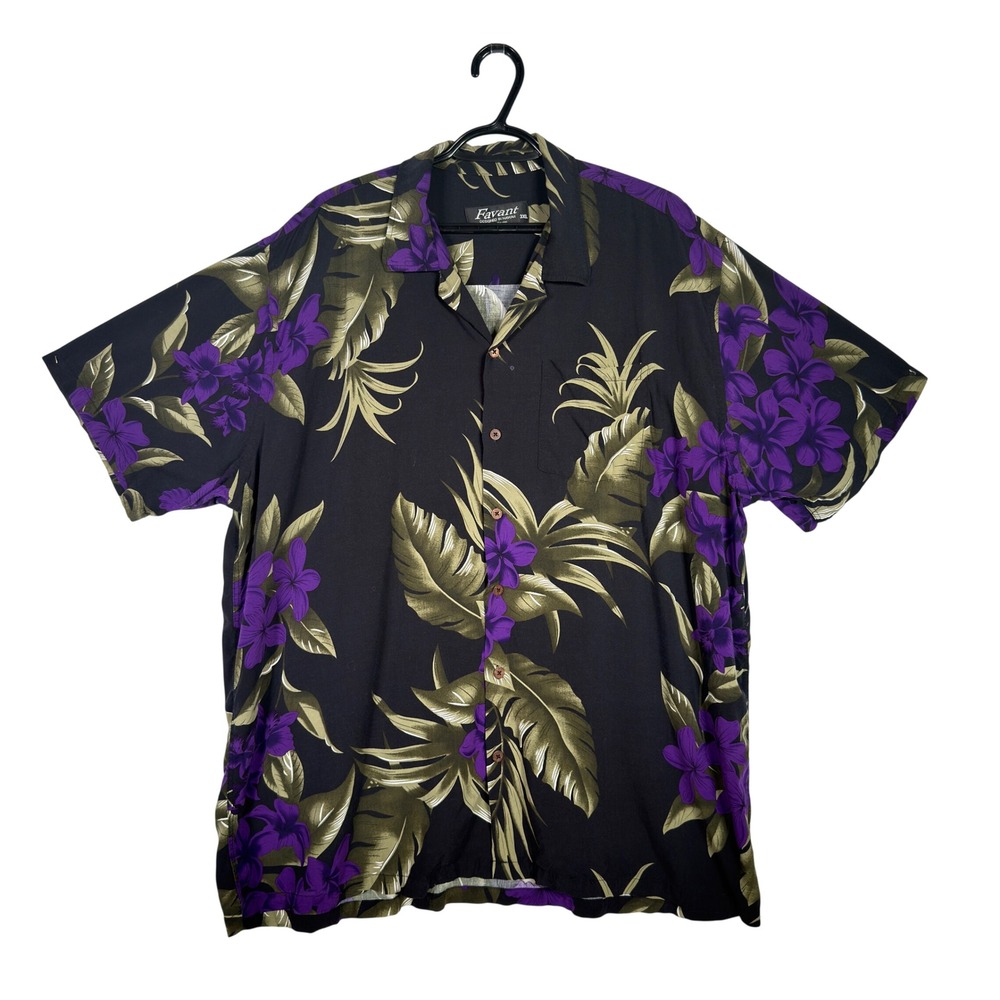 Favant Hawaii Men's 3XL Black Purple Floral Aloha Shirt Rayon Tropical